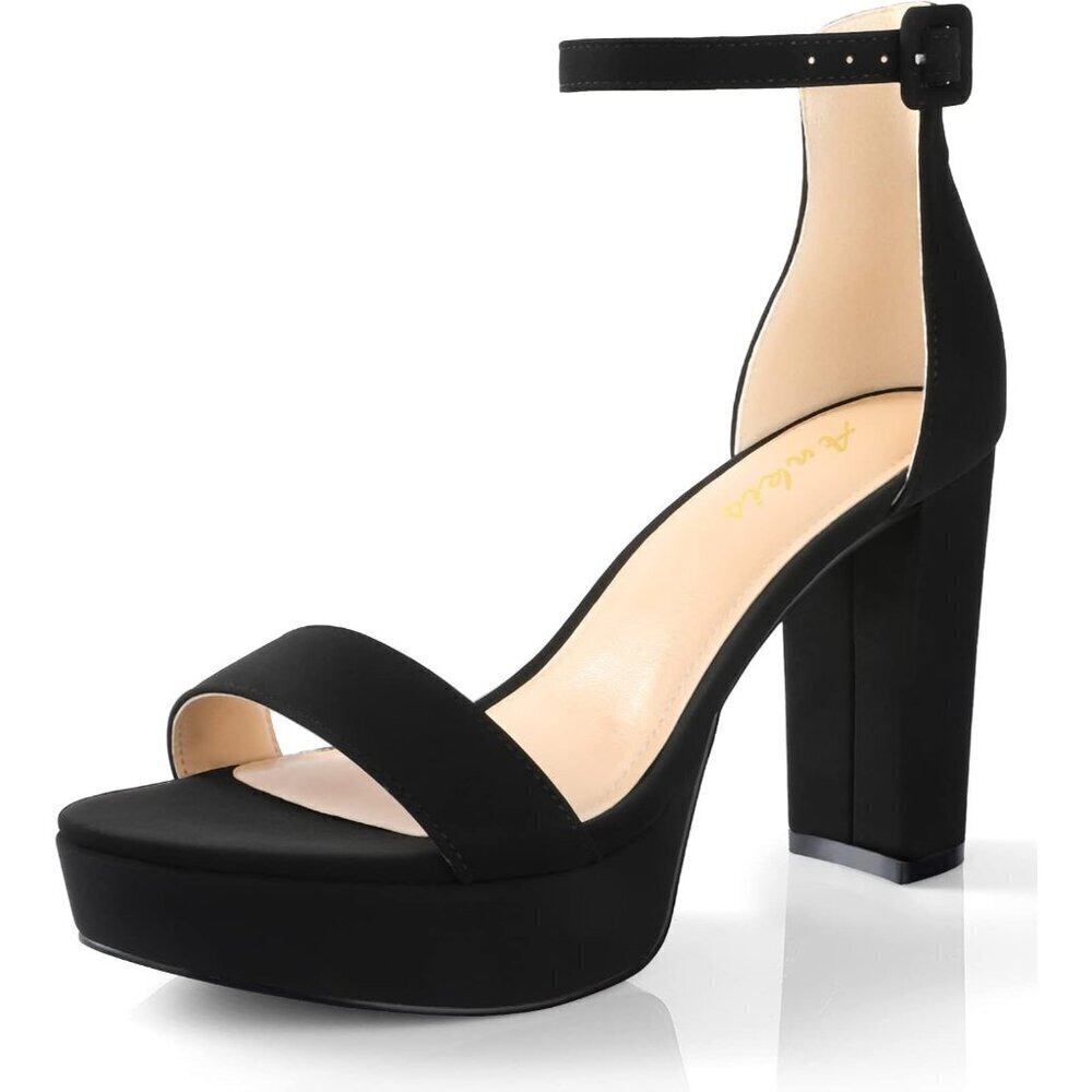 Women's Ankis Chunky Block Open Toe Comfortable Strappy Heeled Black Sandals